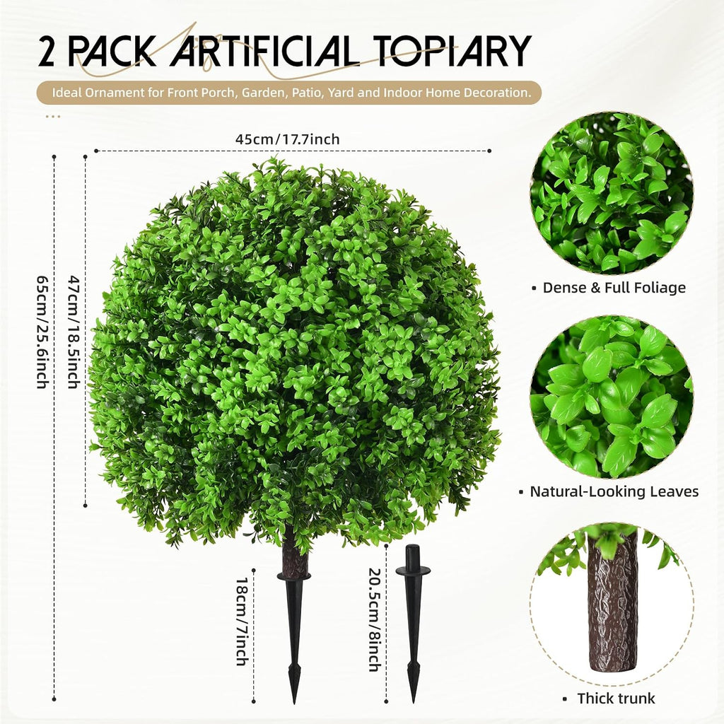 Artificial Topiary Ball Trees, Green-Boxwood, 2 Pack, 25.6 Inch