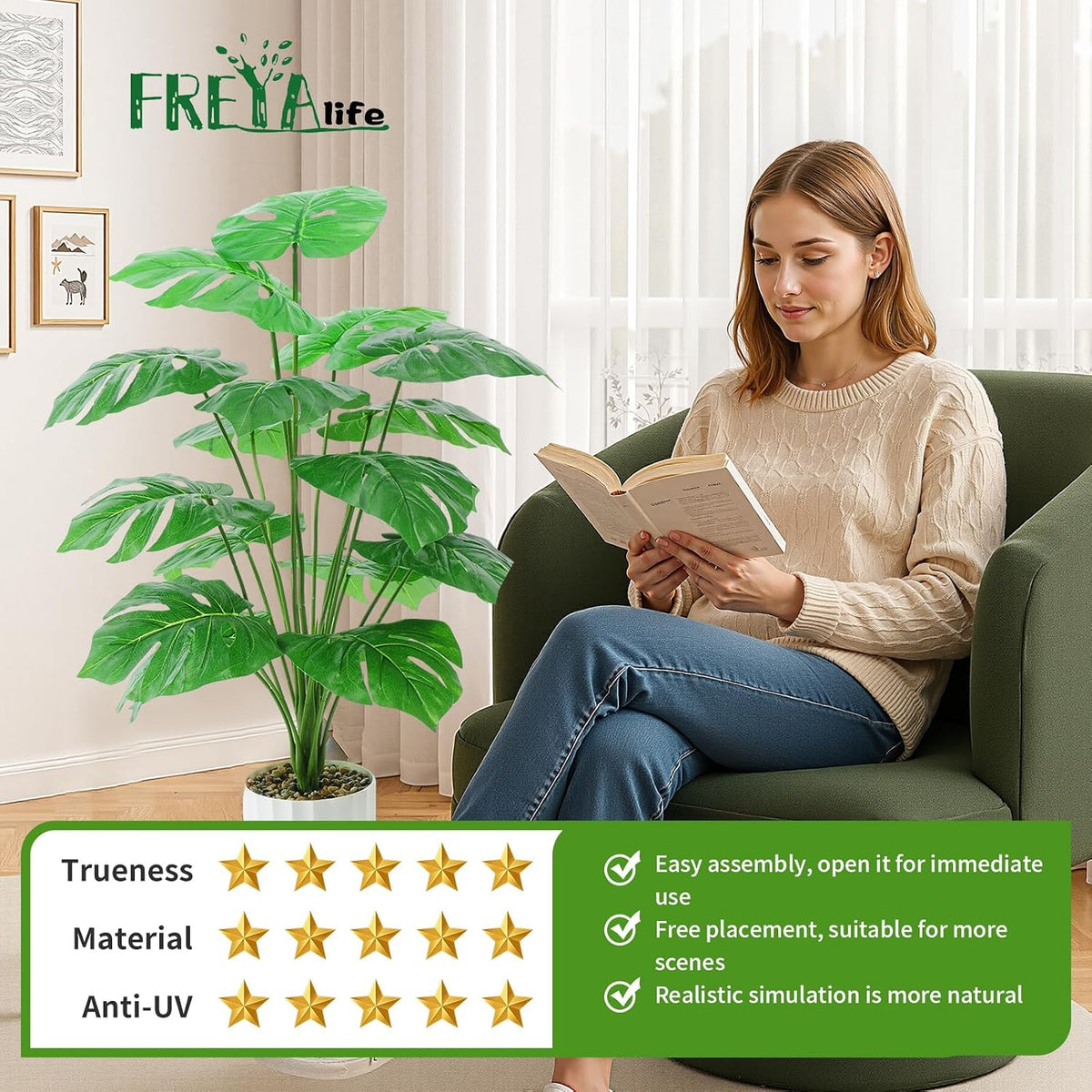 Freyalife 28“ Fake Plant Artificial Monstera for Room Decor, Faux Potted Plants Indoor for Home Living Bedroom Aesthetic Farmhouse Dorm Office Classroom and Outdoor Garden Porch Balcony Decor