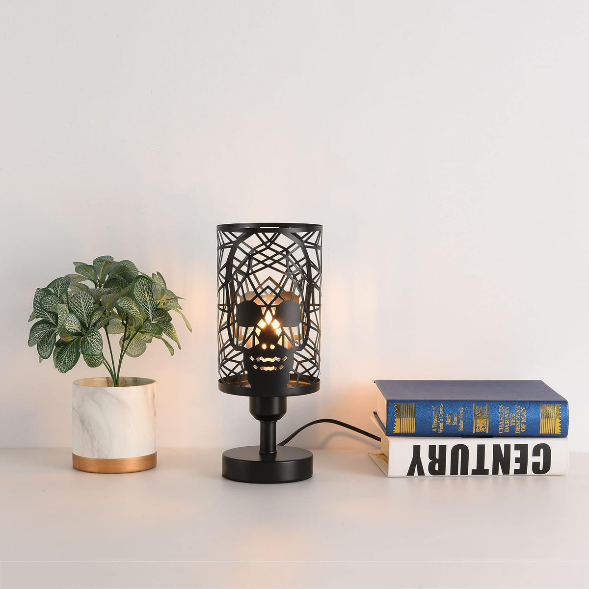 Skull Table Lamp with Plug-in Switch, Black Industrial Bedroom Lamp