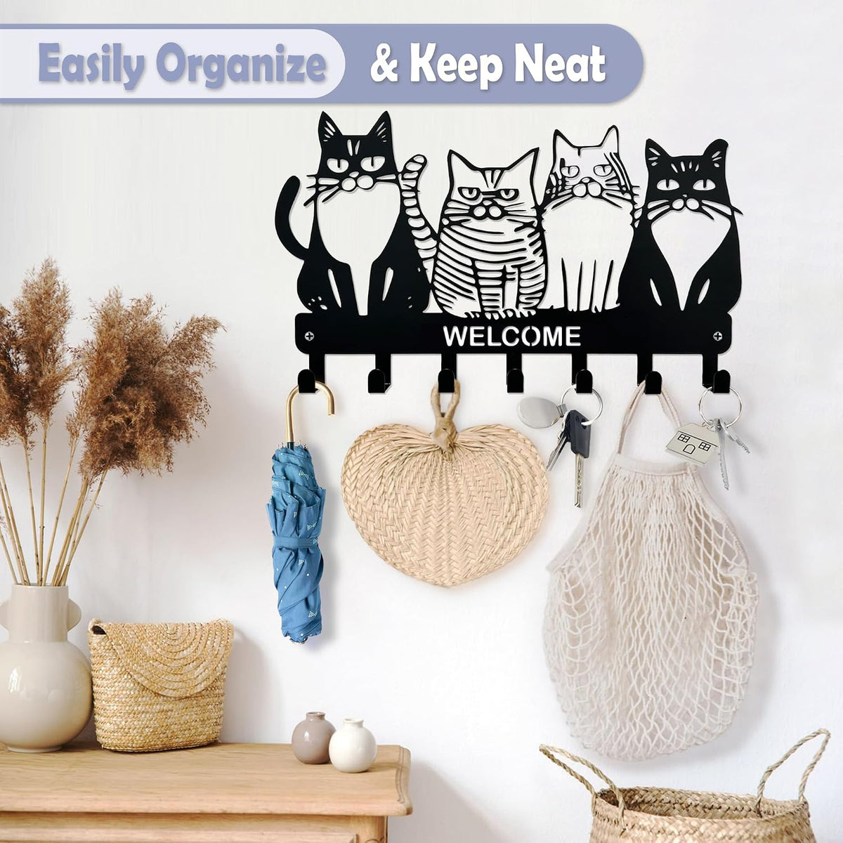 Key Holder for Wall, 11.88'' x 7'' Black Metal Cat Shape