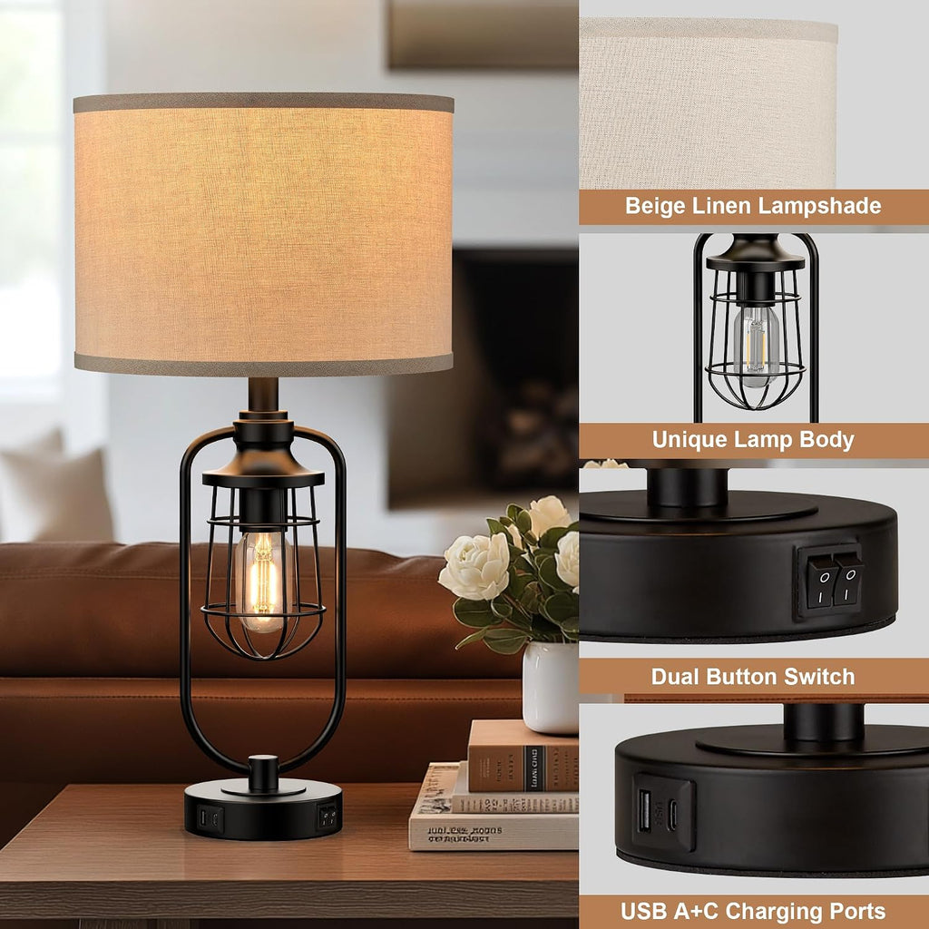 24" Farmhouse Black Table Lamps Set of 2 for Living Room, USB A+C