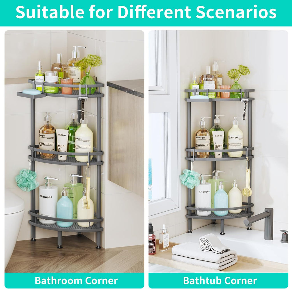 HapiRm Standing Corner Shower Caddy - 3 Tier Shower Organizer Corner with Soap Holder and 4 Hooks, Rustproof Bathroom Storage Shelves with Adhesives, Grey