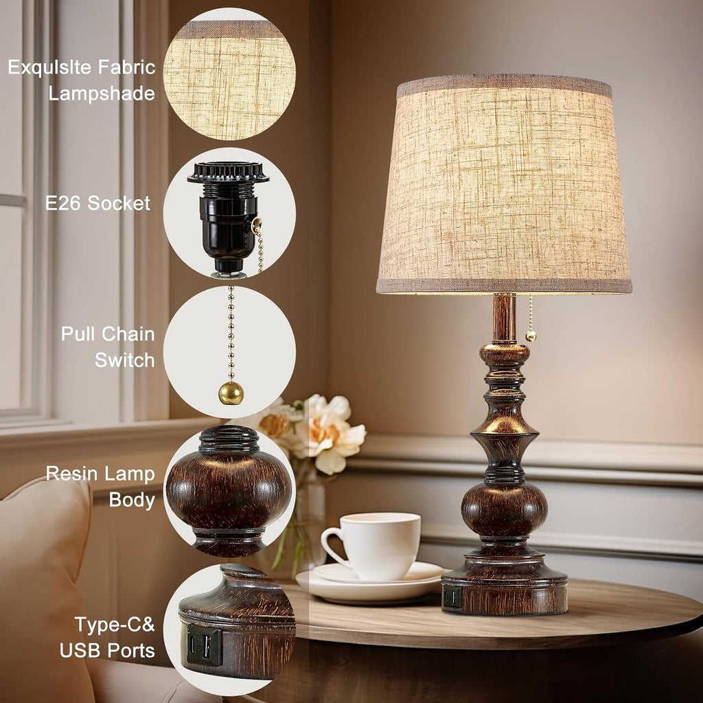 Drawealth 22'' Farmhouse Bedside Table Lamps Set of 2 for Bedroom Nightstand Lamps with USB A+C Charging Ports Traditional Small Table Lamp for Living Room End Tables,Pull Chain,Bulbs Not Included