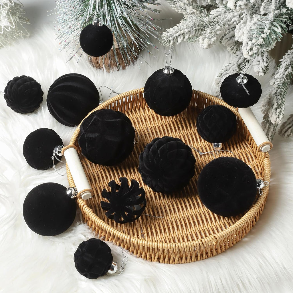36pcs Velvet Christmas Ball Ornaments, Flocked Shatterproof Christmas Ornaments, Xmas Tree Decorations Set Hanging Ornaments for Xmas Holiday Party Home Decor(Black)