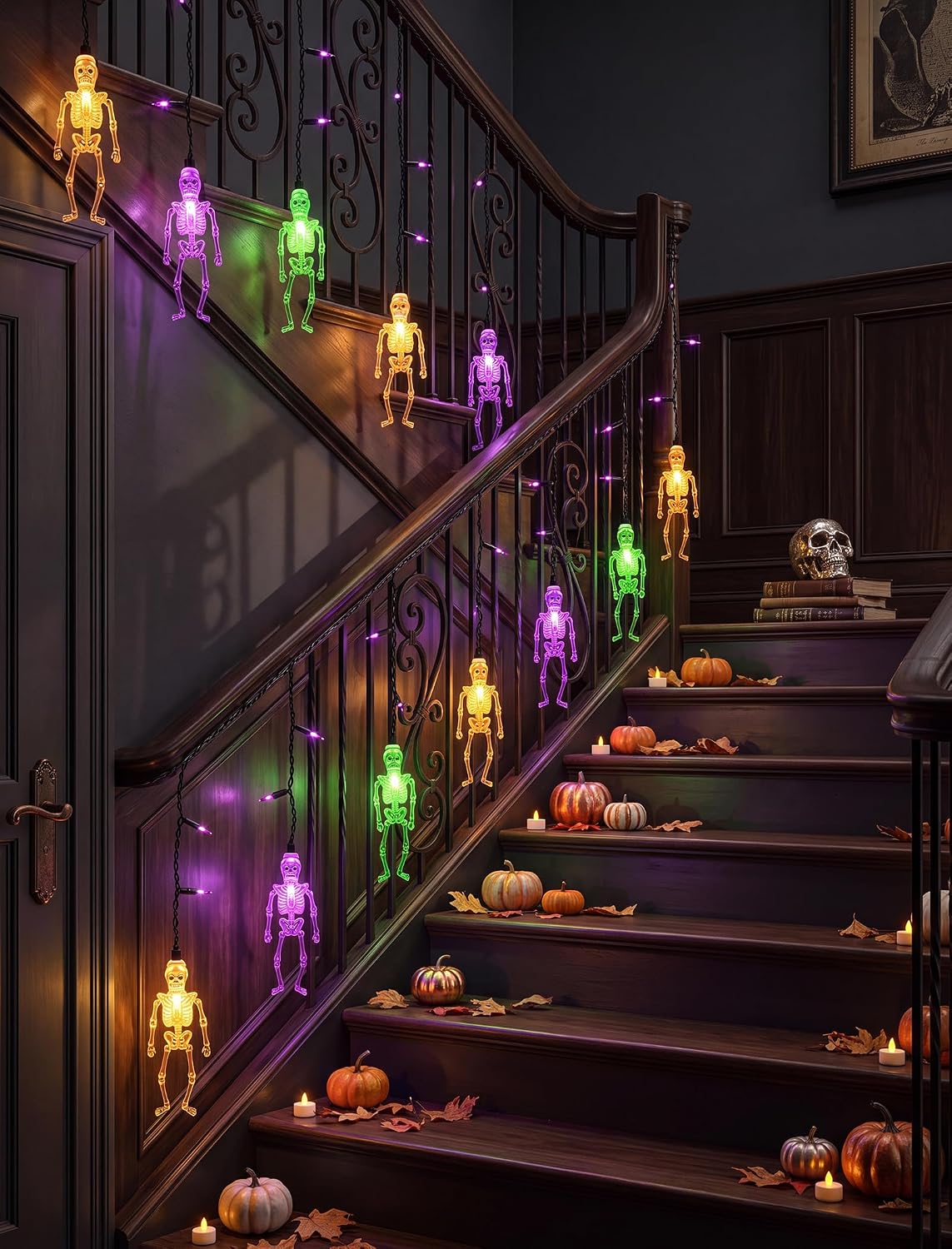 7FT 10 LED Halloween Skull Curtain String Lights, 15 Purple Bulbs, Plug in