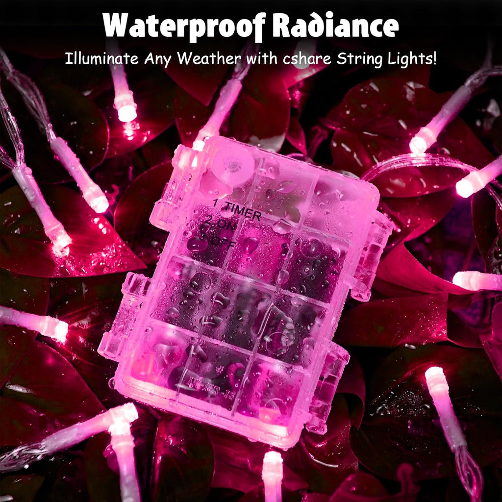 cshare String Lights Outdoor Waterproof 9.8ft 30 LED, Pink Fairy Lights Battery Operated with Timer Clear Wire for Indoor & Outdoor Christmas Valentine's Day Decorations Garland Party Garden