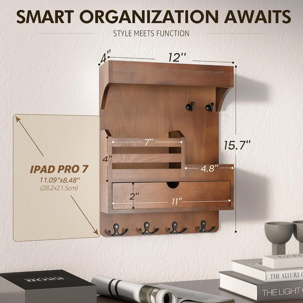 Rebee Vision Key Holder Wall Mount with Drawer Organizer for Entryway,Brown