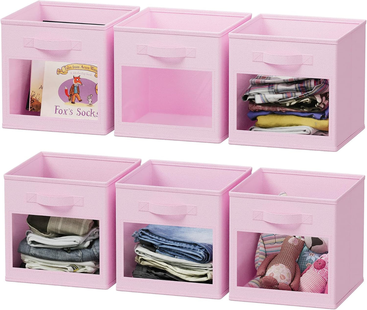 SpaceAid Storage Cubes with Clear Windows, Set of 6 Fabric Bins, 11 Inch Foldable Baskets Boxes for Closet, Cubby Shelf or Cube Storage Organizer, Pink