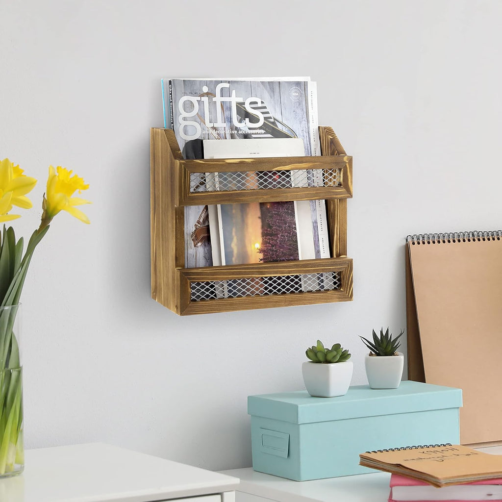 MyGift Rustic Burnt Solid Wood Magazine Holder with Decorative Chicken Wire Rail, Wall Mountable Storage Organizer Rack for Upright Display of Magazines