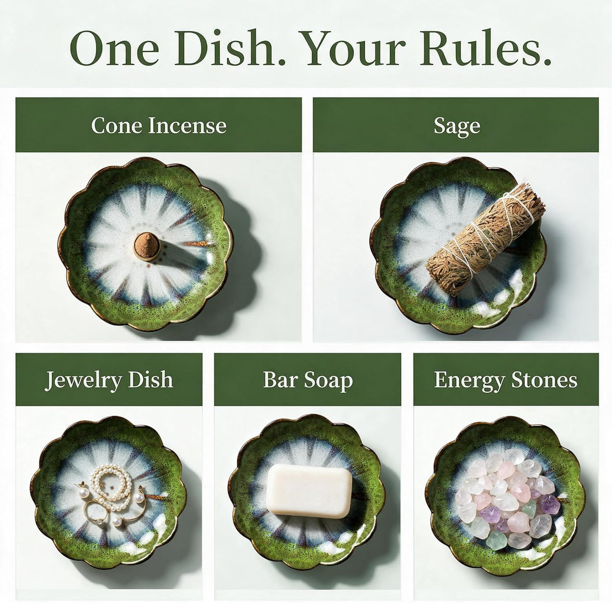 Pinehaven Green Lotus Incense Holder, Handcrafted Ceramic Japanese Zen Tray