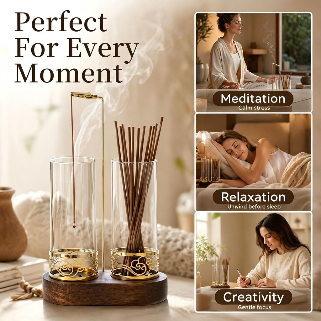 2 in 1 Incense Holder Set, Anti-Tip Burner Glass Ash Catcher with 20 Sticks
