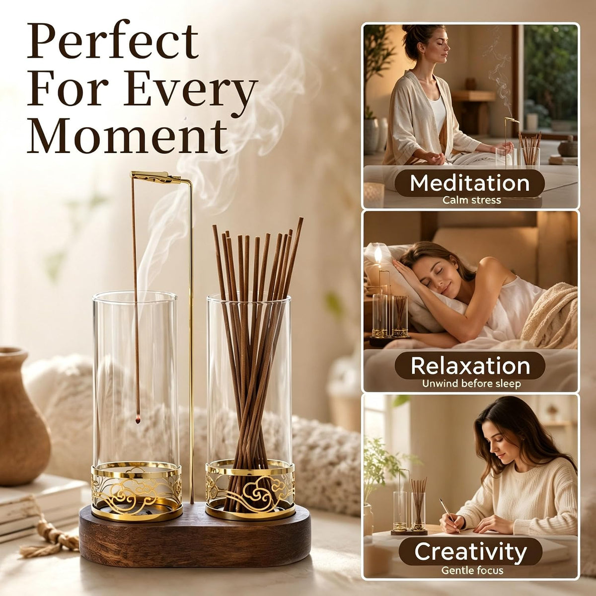2 in 1 Incense Holder Set, Anti-Tip Burner Glass Ash Catcher with 20 Sticks
