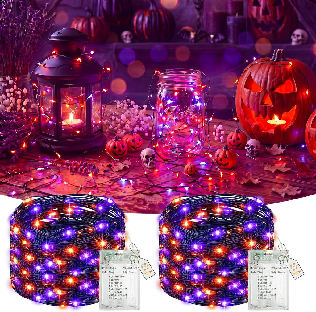 btfarm 2 Pack Halloween Fairy Lights Battery Operated Timer, Orange Purple