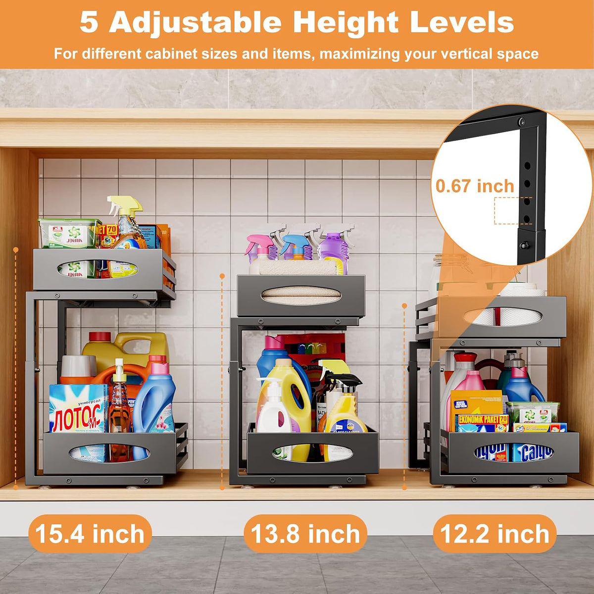 Under Sink Organizer, 2 Tier Under Sink Organizers and Storage, Adjustable Height, Slide out Metal Cabinet Organizers, Pull out Cabinet Storage Drawer Shelf for Kitchen Bathroom (Black, 1 Pack)