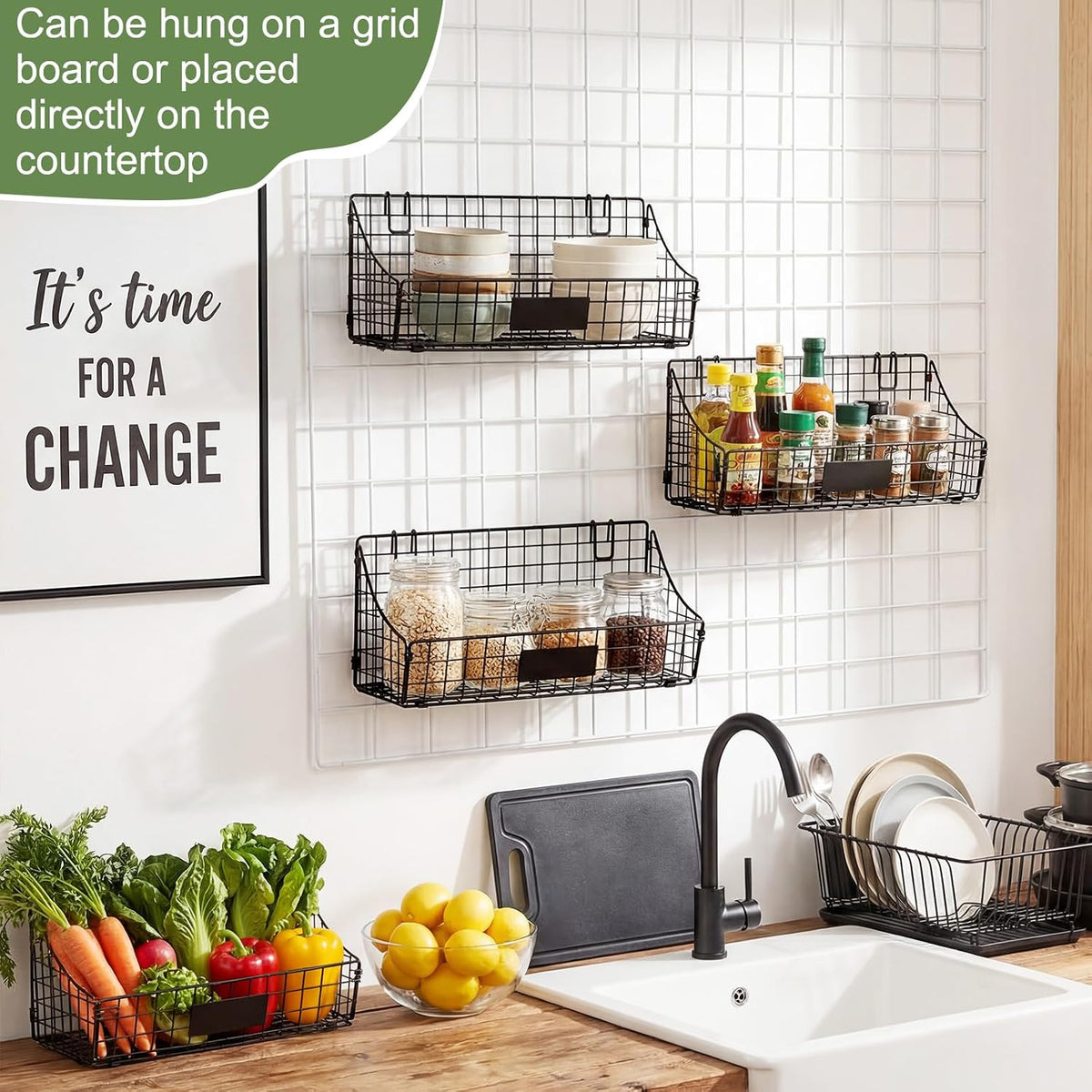 Blulu 4 Pcs Grid Wall Baskets, Wire with Hooks for Hanging, 15 x 7 x 6 Inch