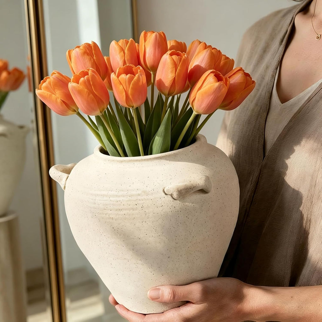 Large White Ceramic Vase 7 inch Rustic Farmhouse Vase with Handles for Home Decor Vintage Decorative Vases for Bookshelf, Table, Mantle Fireplace, Living Room, Bathroom, Wedding