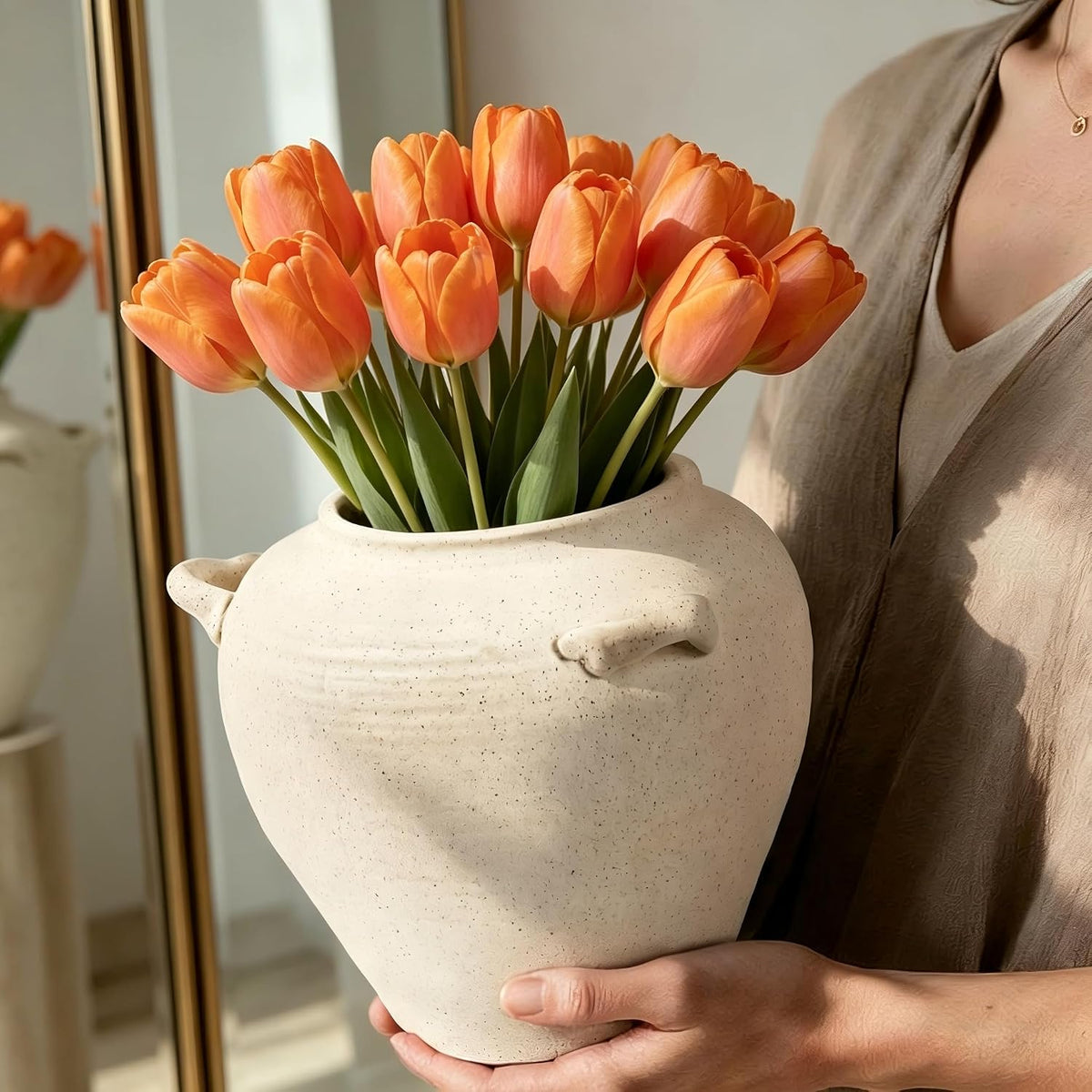 Large White Ceramic Vase 7 inch Rustic Farmhouse Vase with Handles for Home Decor Vintage Decorative Vases for Bookshelf, Table, Mantle Fireplace, Living Room, Bathroom, Wedding