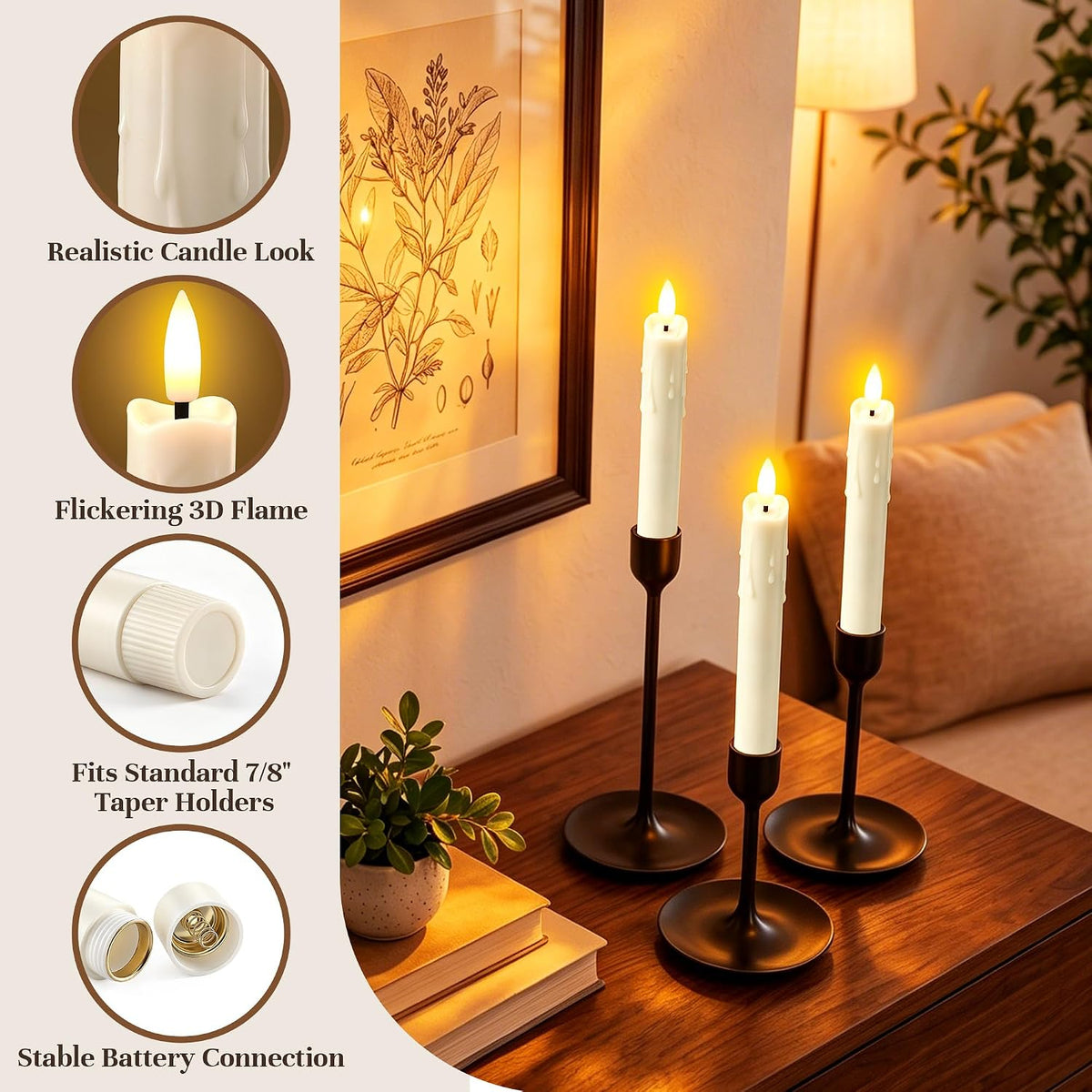 Enhon 6 Pack Flameless Taper Candles with Remote & Batteries, 7.7" Ivory LED Candle Sticks, 3D Wick & Wax Drip Design, 624+ Hour Battery Operated Candles for Home, Wedding & Christmas Decor