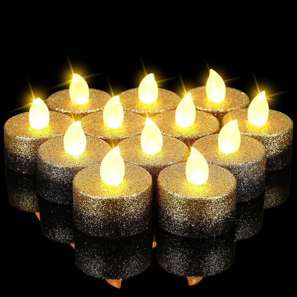 Rossesay 24 Pcs Black Gold Flameless LED Tea Lights Glitter Candles