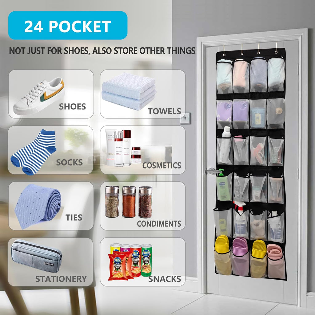 Over The Door Shoe Organizers with 24 Mesh Pockets Shoe Organizer Storage Hanging SimpleHouseware Shoe Holder for Rack (White Black)