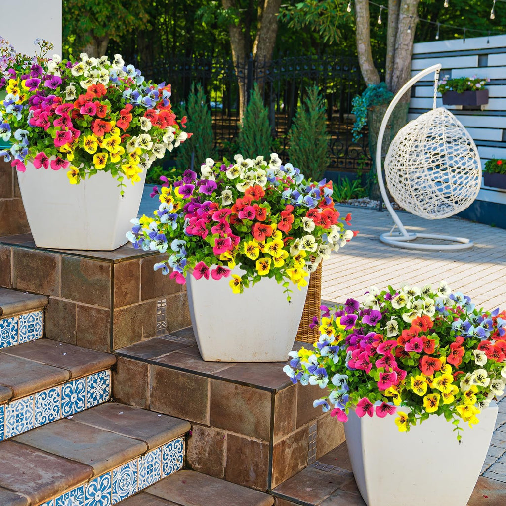 Pansies Artificial Flowers for Outdoors 12 Bundles Fake Silk Pansy Faux Plastic Plants UV Resistant for Home Outside Garden Planter Front Door Porch Yard Patio Decor (Mixed Color)