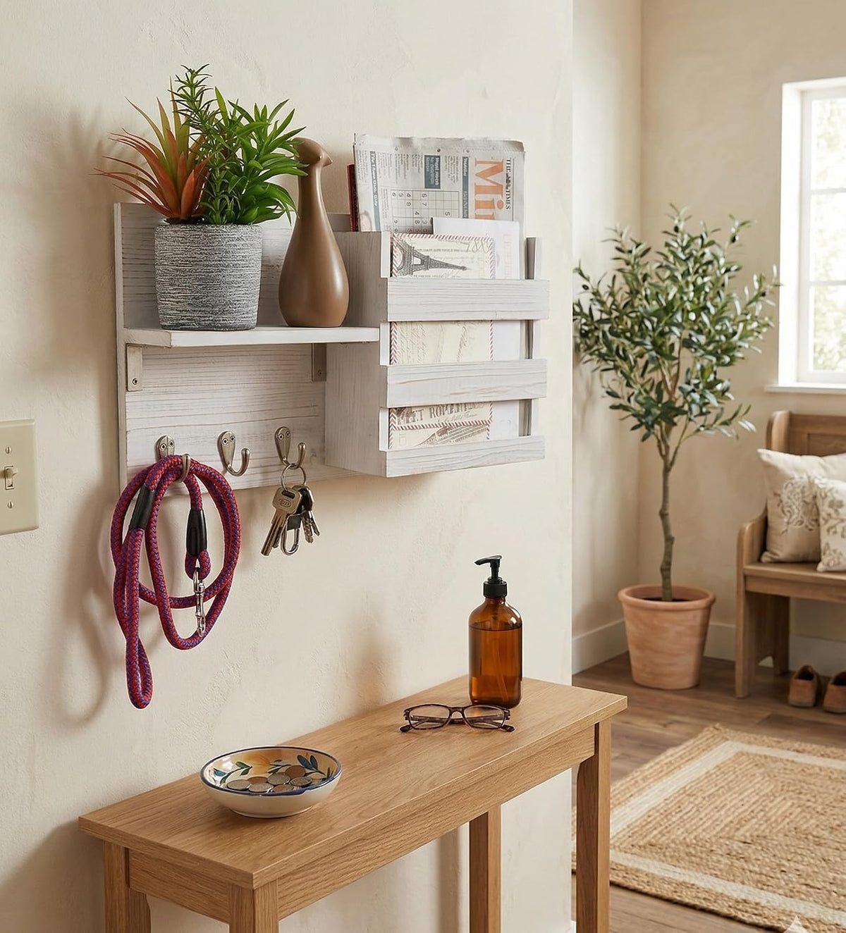 Wall-Mounted Key Hooks Holder and Mail Sorter - Rustic Wood White - Entryway Organizer for Letters, Leashes, and Purses - Floating Shelf, 16.5” W x 9.75" H x 4.5” D