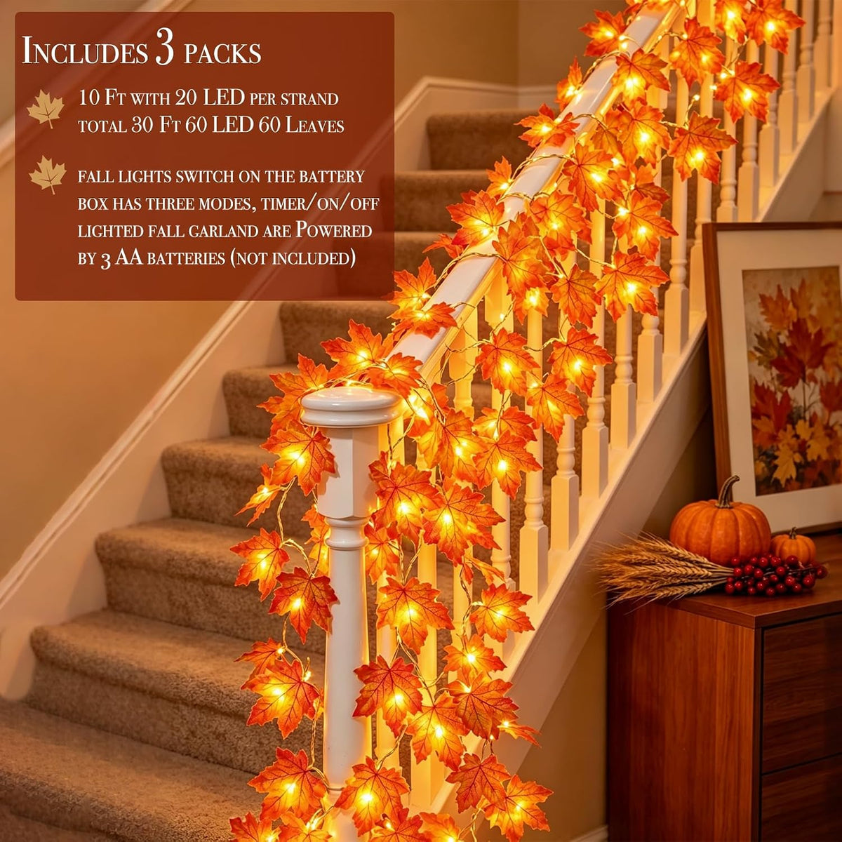 Timer&3 Pack Thanksgiving Decorations 30Ft Fall Garland with Lights 60LED