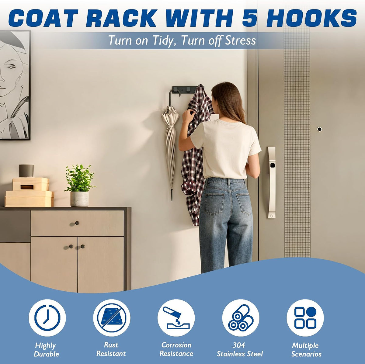 Alise Coat Hook Wall Mount Hat and Coat Rack with 3 Hooks Wall Mount,Black