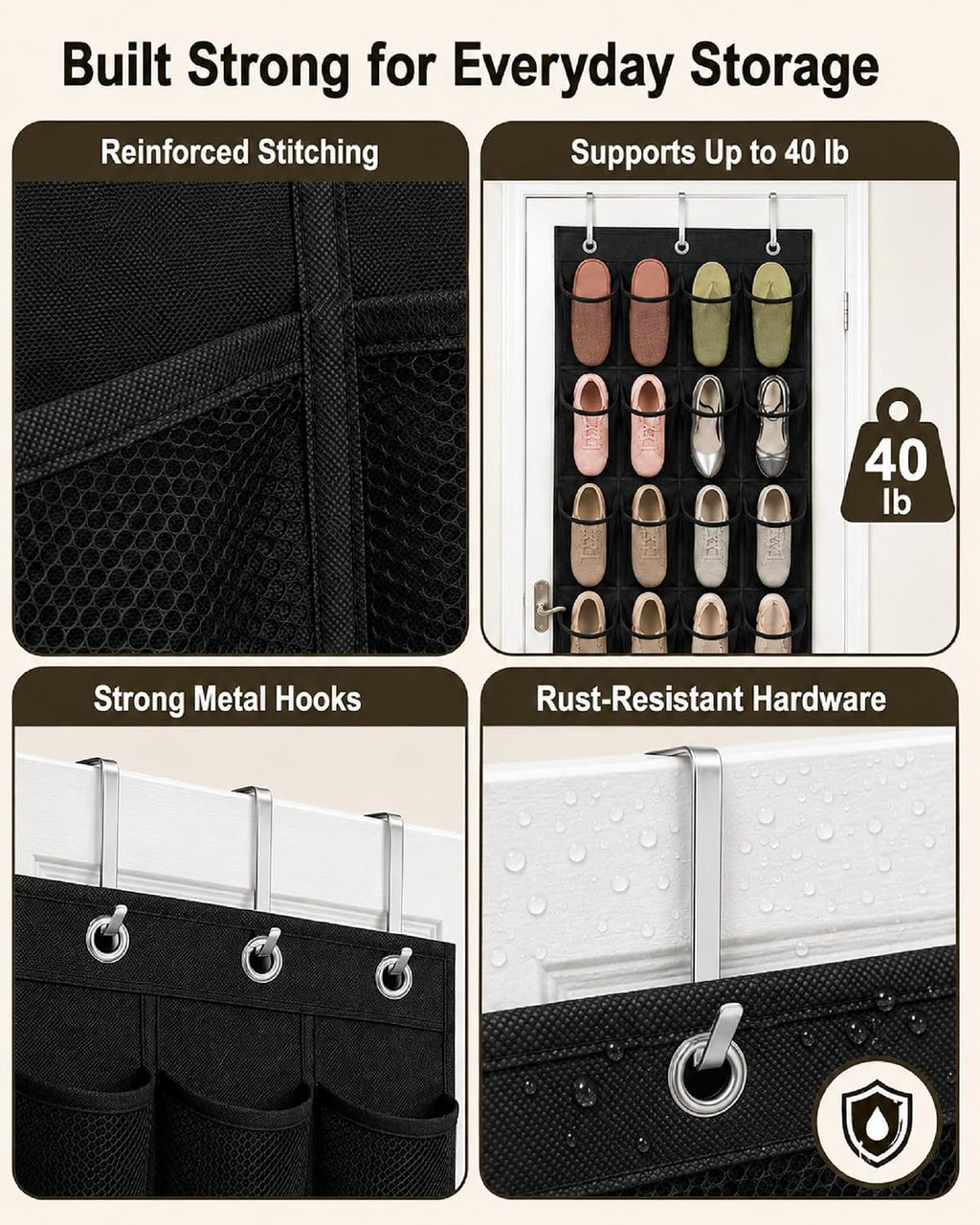 Over The Door Shoe Organizer with 24 Large Breathable Mesh Pockets