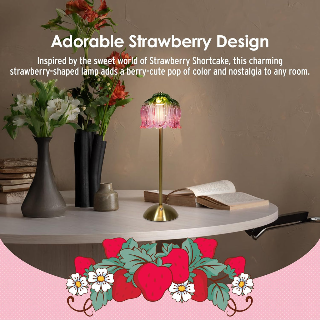 Strawberry Shortcake Touch Lamp- Pink Glass Strawberry Shade, USB-C Rechargeable, 3 Dimmable Light Temperatures, LED Desk Lamp, Brush Brass Base & Pole, Cute Décor for Girls' Bedroom (Pink)