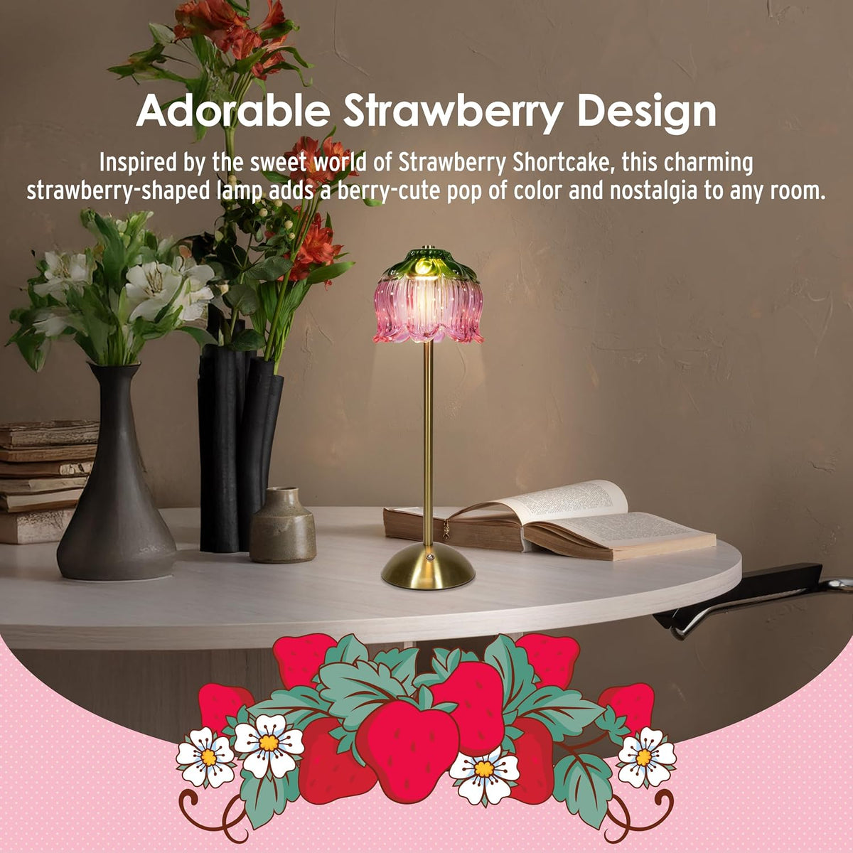 Strawberry Shortcake Touch Lamp- Pink Glass Strawberry Shade, USB-C Rechargeable, 3 Dimmable Light Temperatures, LED Desk Lamp, Brush Brass Base & Pole, Cute Décor for Girls' Bedroom (Pink)