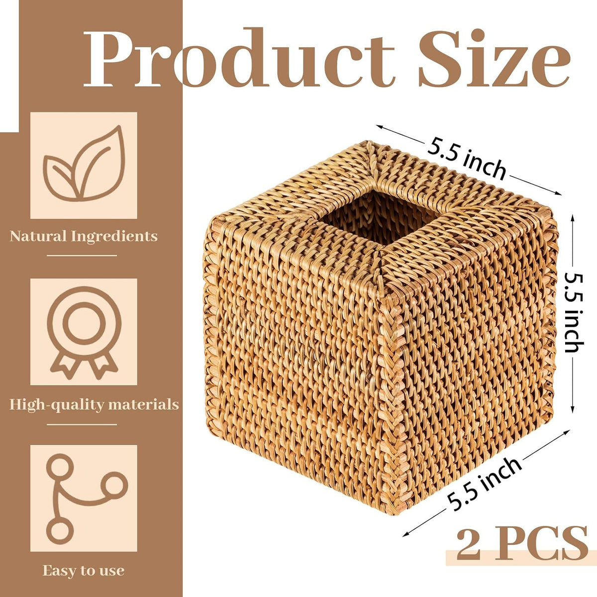 Kigley 2 Pcs Square Rattan Tissue Box Cover Boho Wicker Tissue Cube Box Cover 5.5'' x 5.5'' x 5.5'' Decorative Natural Wicker Hand Woven Napkin Box Holder Bathroom Office Car Accessories (Wood)