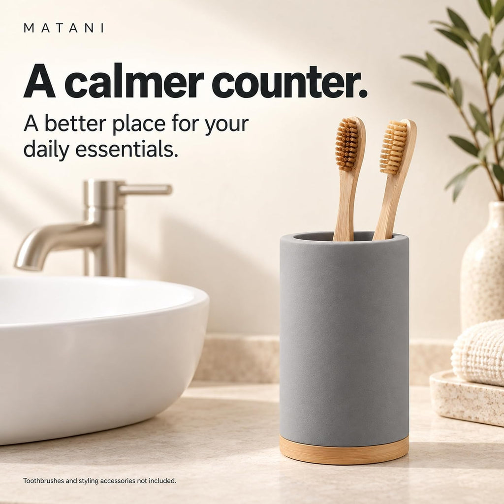 Matani Bamboo Toothbrush Holder Diatomite Tooth Brush Organizer - Storage Stand for Small Bathroom & Counter - Removable Base & Drain Holes, Water-Absorbent & Quick-Drying (Grey)