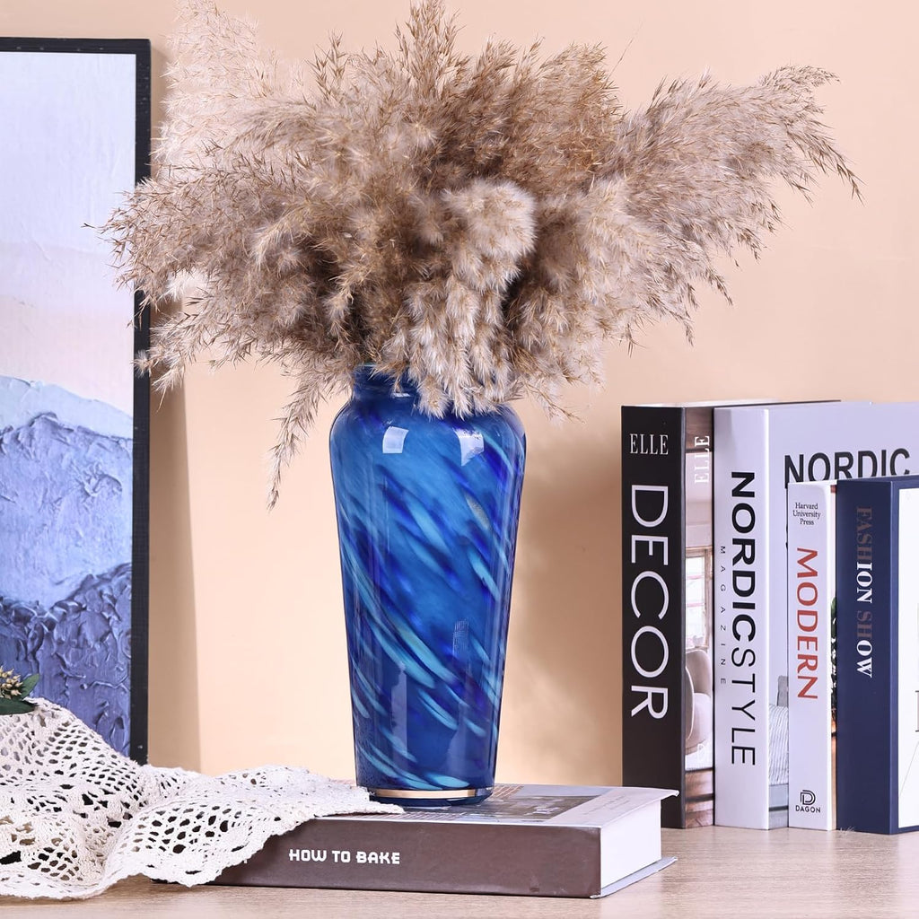 Blue Hand Blown Glass Vase – Tall Speckled Decorative Centerpiece in Murano Style for Dining Table, Coffee Table, Mantel, Entryway, or Bookshelf in Coastal or Modern Decor (Blue)