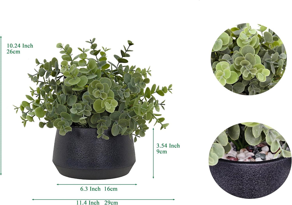 365 Blooming Decor Artificial Eucalyptus Plant–10.2"x11.4" Luxury Faux Potted Greenery in Black Textured Pot with Real Pebbles, Premium Material, No Assembly, Farmhouse, Coffee Table, Bathroom Decor//
