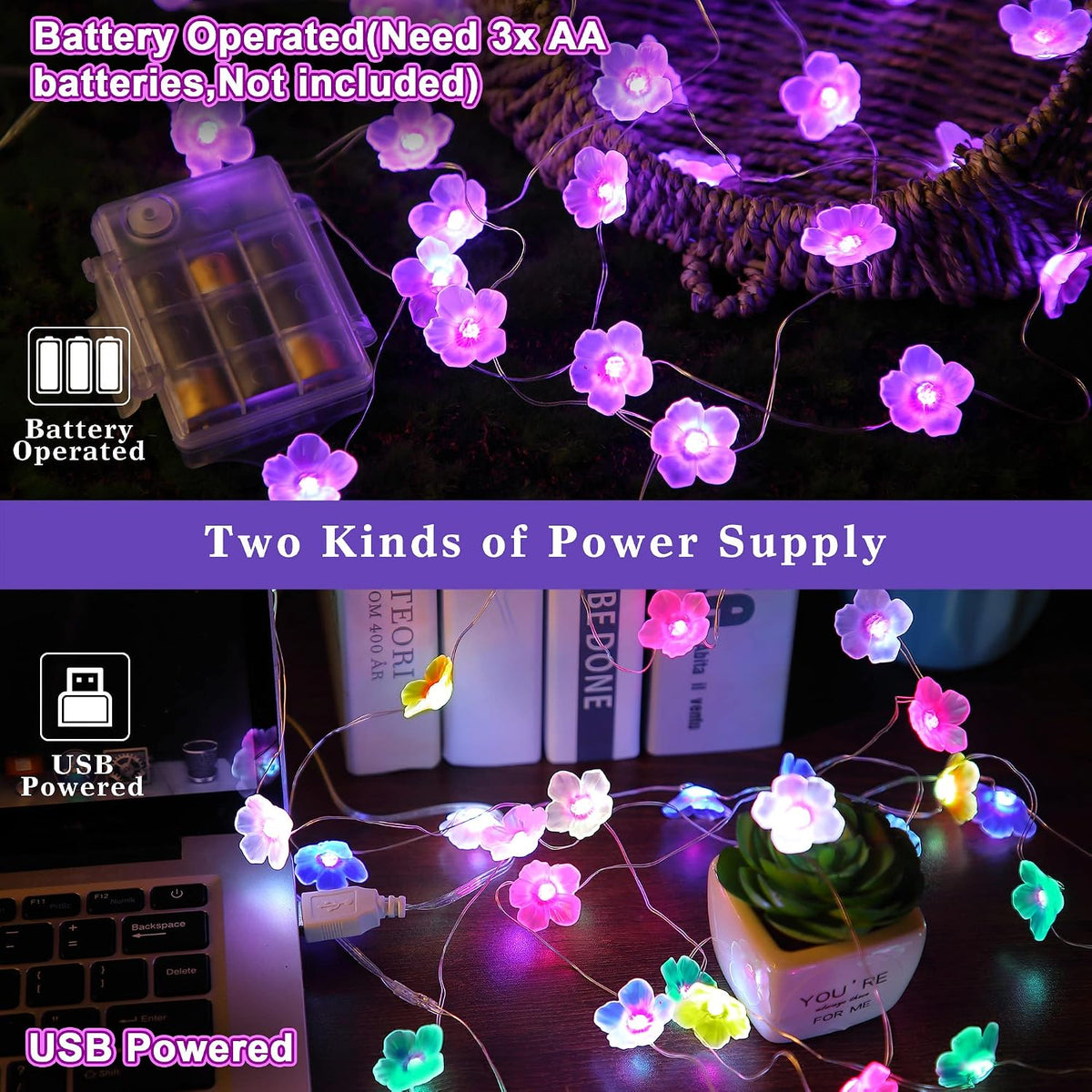 Mudder 2 Pack 16 Colors 13 FT Cherry Blossom Decor Flower String Lights