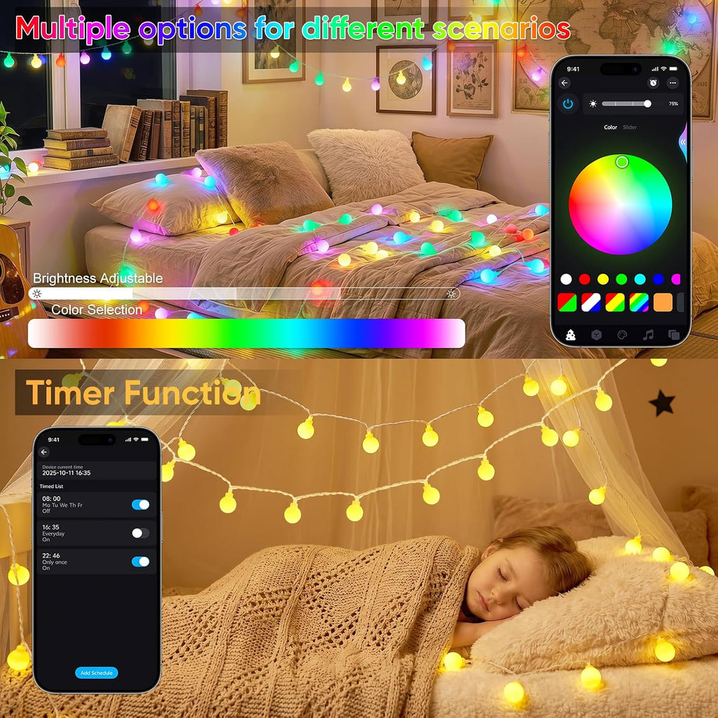 OMIKA 50FT 100 LED Smart Color Changing Globe String Lights, Smart Fairy Lights APP & Remote Control, Music Sync Twinkle Light, 100+ Dynamic Mode for Bedroom Classroom Party Christmas Decoration