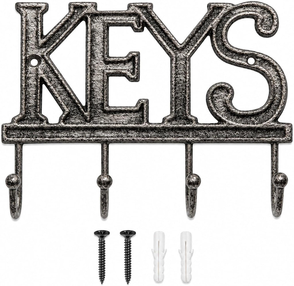 Comfify Gray Cast Iron Key Holder for Wall – Keys Sign with 4 Hooks