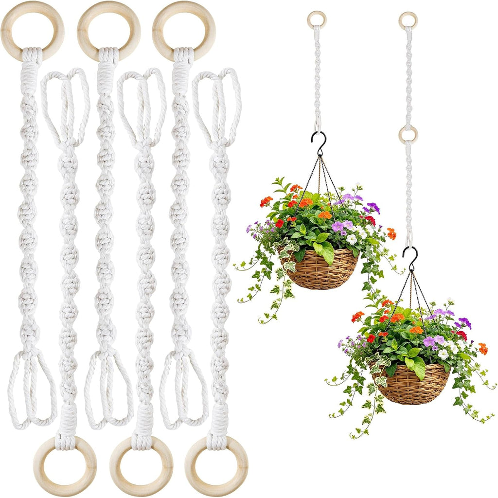 Framendino, 6 Pack Adjustable Macrame Plant Hanger Extenders Woven Hanging Basket Extension with Wooden Ring for Indoor Outdoor Pot Holder