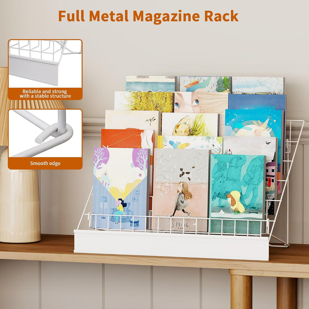 6-Tier 30" Wide Metal Magazine Holders with Sign Channel, White