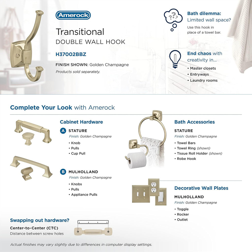 Amerock Kinsale Double Prong Golden Champagne Wall-Mounted Hook