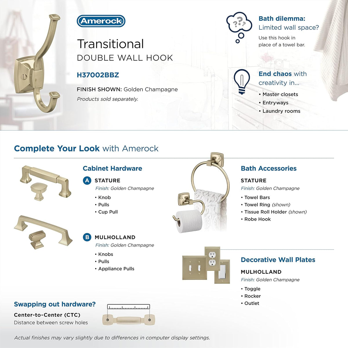 Amerock Kinsale Double Prong Golden Champagne Wall-Mounted Hook