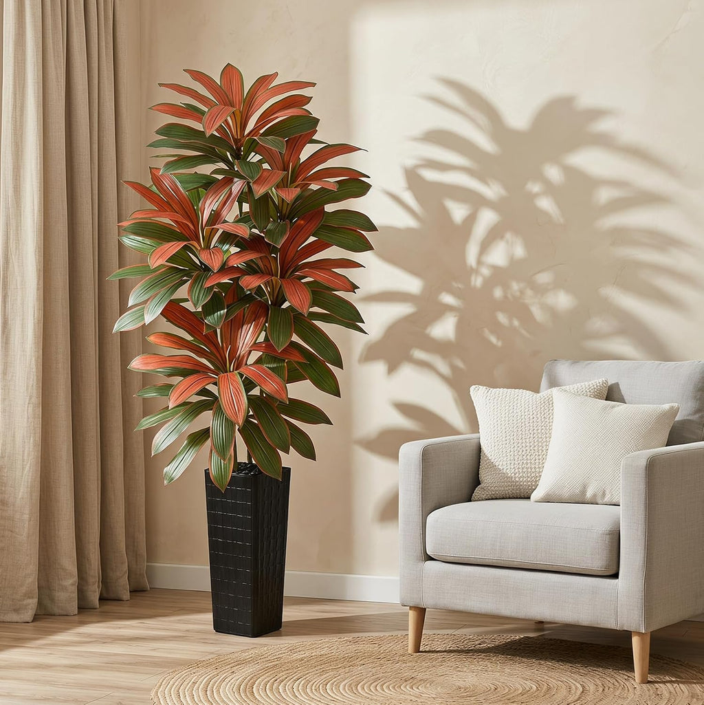 Artificial Red Dracaena Tree 7FT - Fake Tree with Black Tall Planter