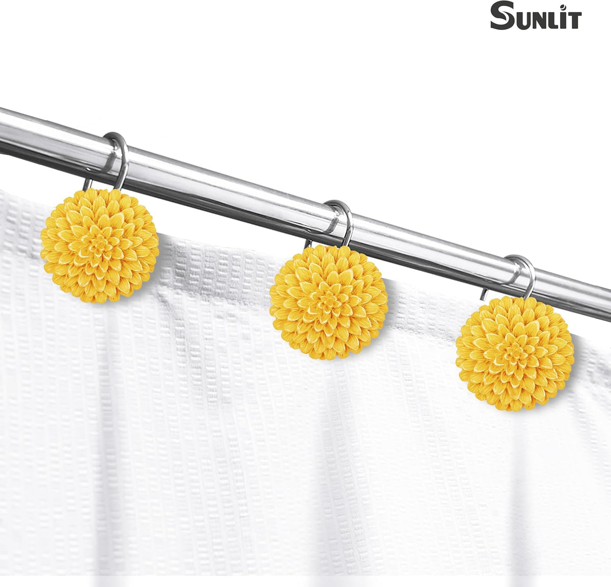 Sunlit Decorative Floral Shower Curtain Hooks, Dahlia Pinnata Flower Shower Curtain Rings, Resin, Bathroom Decoration Yellow Shower Curtain Hooks-12 Pack