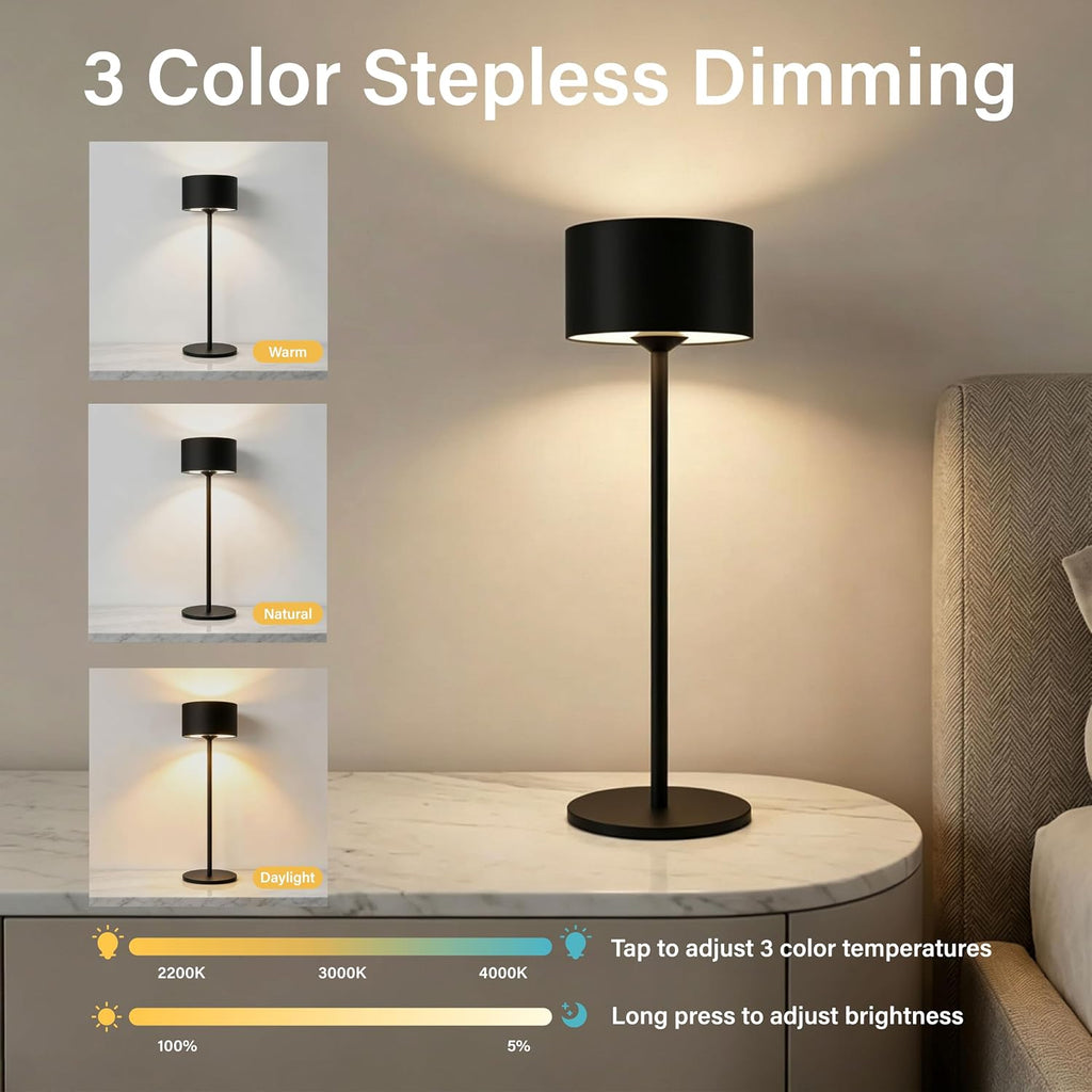Set of 2 Cordless Table Lamps, 10.3" High Black Rechargeable Small Lamps