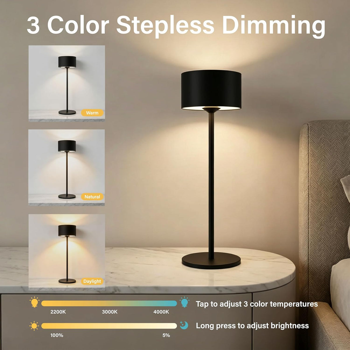 Set of 2 Cordless Table Lamps, 10.3" High Black Rechargeable Small Lamps