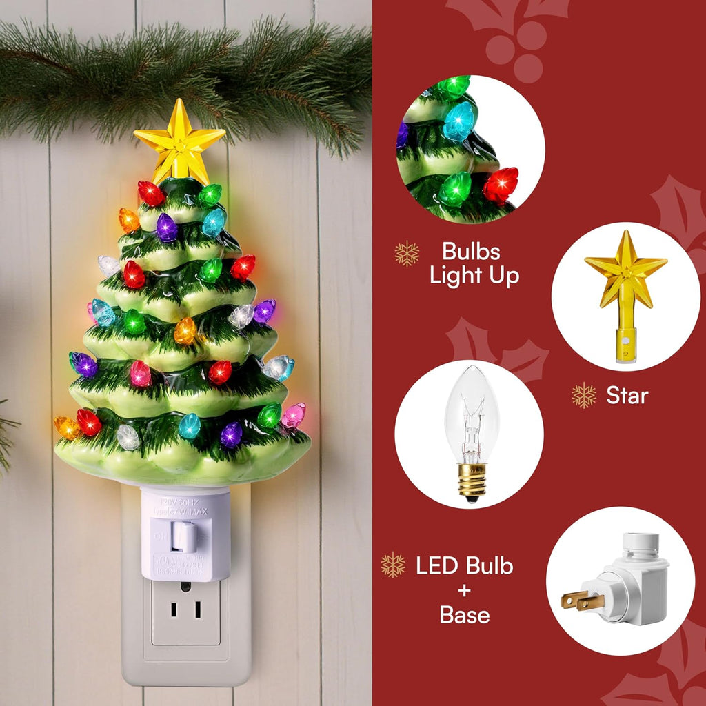 JOYIN 5.5" 2 Pcs Ceramic Xmas Tree Night Lights, Classic Christmas Decor Night Lights with 54 LEDs, Mini Tree Lights Plug in Christmas Decoration, Bedroom Living Room Hallway Holiday Indoor Decor