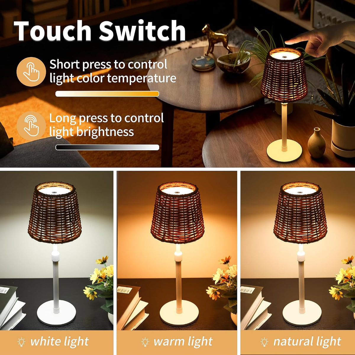 Mr.White Outdoor Waterproof Rechargeable Cordless Table Lamp with Wicker Shade, 5200mAh Battery Operated Table Light with Telescopic Pole, for Patio Restaurant Kitchen (White)