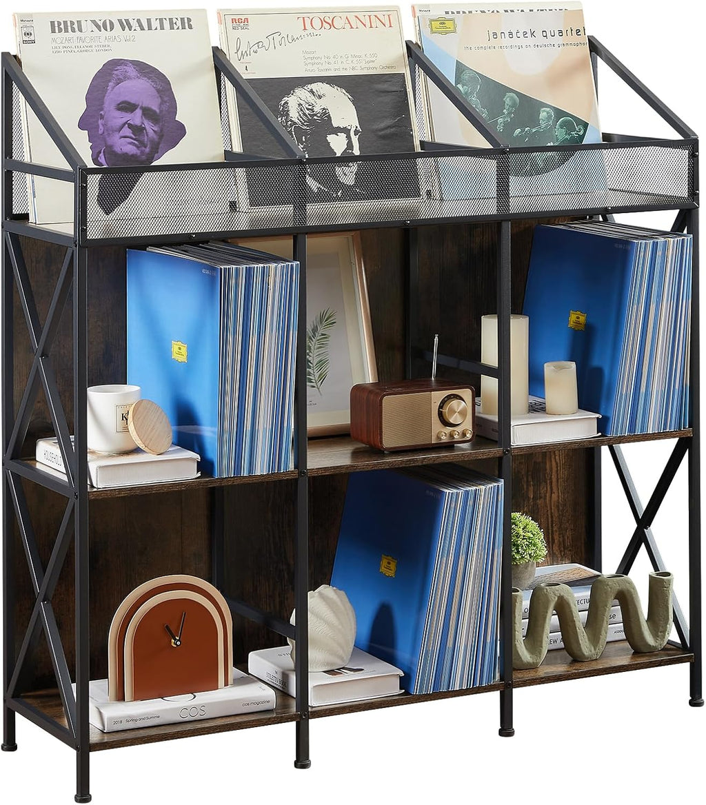 EYOCAL 9 Grids Vinyl Record Storage Holder Rack， Wooden Record Display Table for Magazines Files Albums Books for Living Room Bedroom Patent Pending