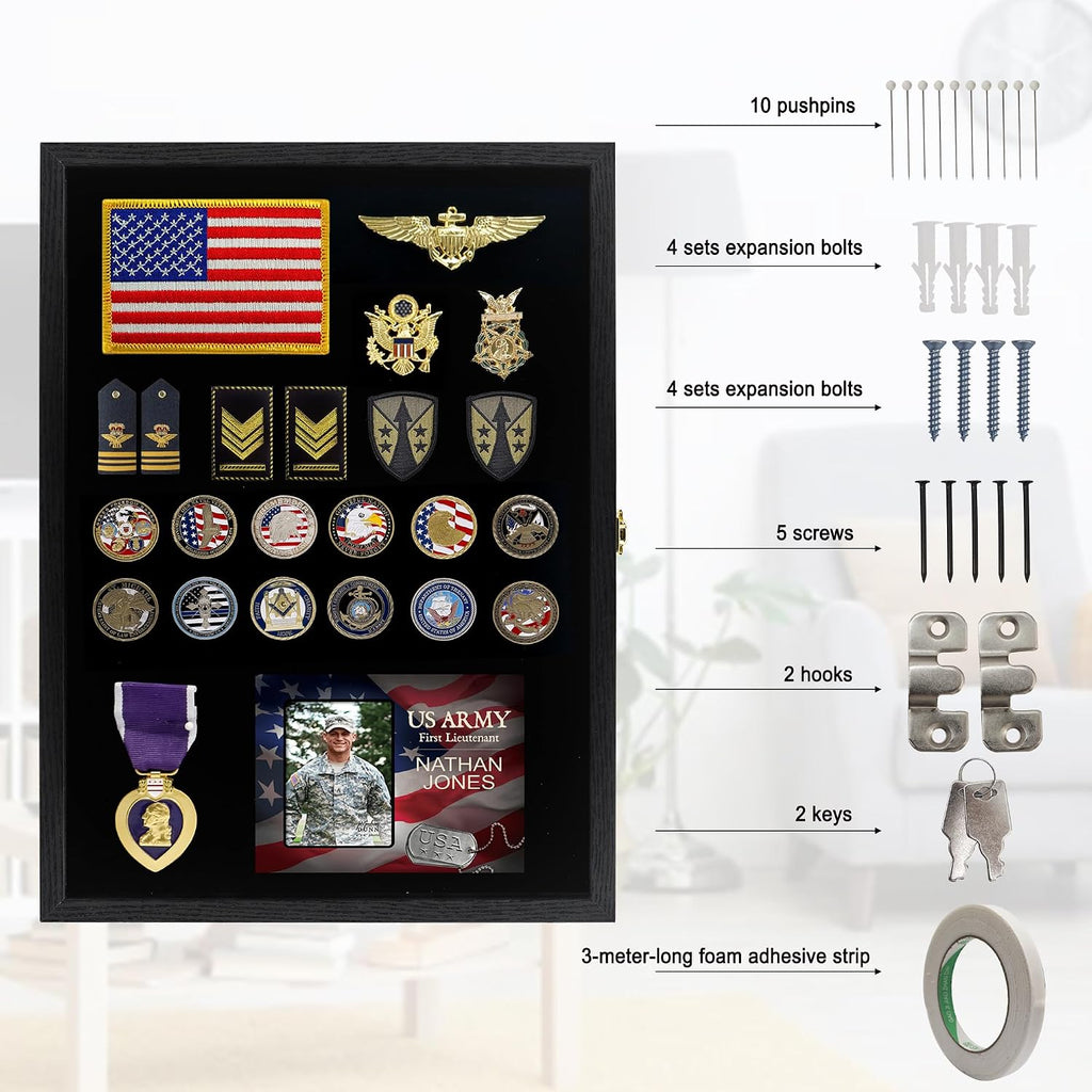 GMFrames 14x19 Pin Collection Display Case Real Glass, Shadow Box with Door for Military Medals, Beach Tags, Jewelry, Pin Holder Black